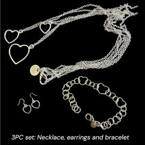 925 Sterling Silver Heart Set: Necklace, Earring and bracelet